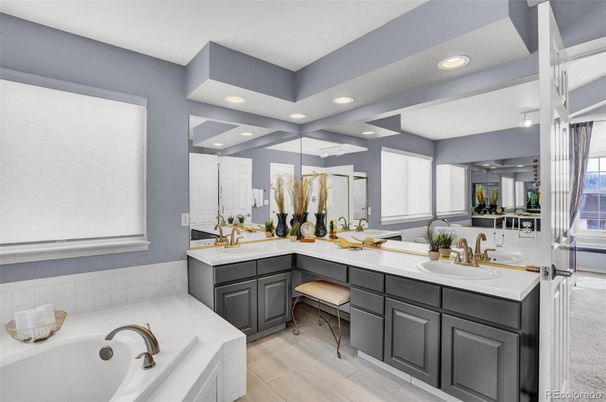 Bathroom, Dual Sink Vanities, Interior, Recessed Lighting, Wood Texture Flooring