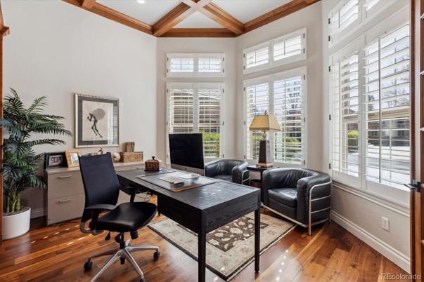 Home Office, Interior, Recessed Lighting, Wooden Beams, Wood Texture Flooring