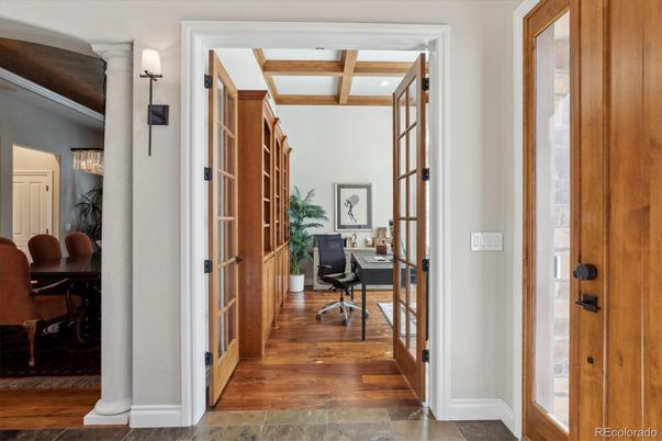 Home Office, Interior, Recessed Lighting, Wooden Beams, Wood Texture Flooring