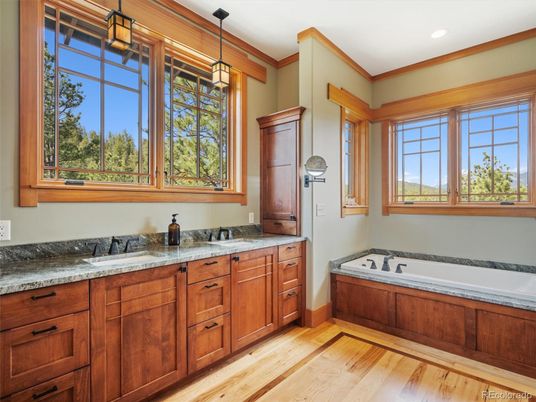 Bathroom, Interior, Pendant Lights, Recessed Lighting, Wood Texture Flooring