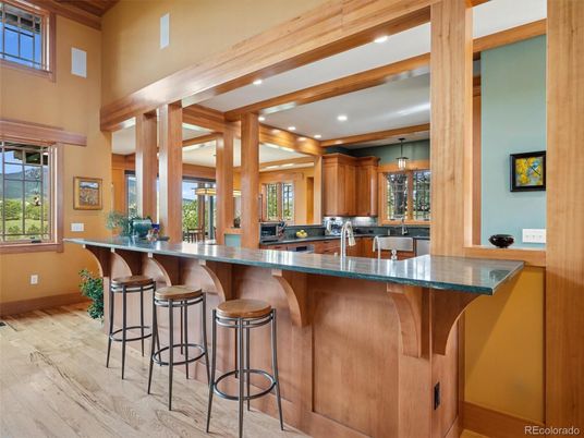 Interior, Kitchen, Pendant Lights, Recessed Lighting, Wooden Beams, Wood Texture Flooring