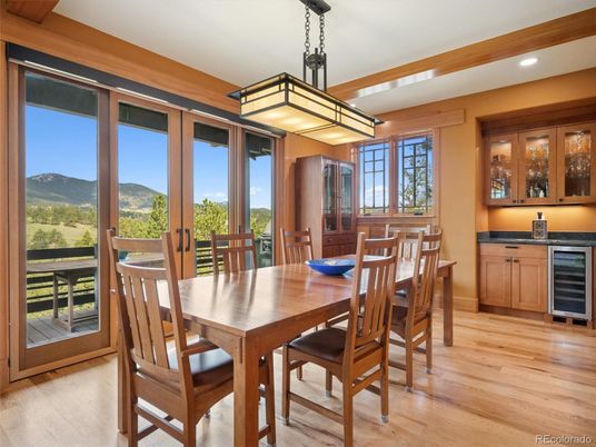 Dining room, Interior, Pendant Lights, Recessed Lighting, Wood Texture Flooring