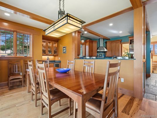 Dining room, Interior, Kitchen, Pendant Lights, Recessed Lighting, Wood Texture Flooring