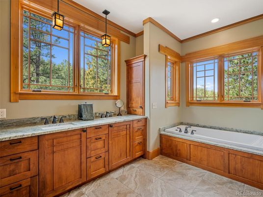 Bathroom, Dual Sink Vanities, Interior, Pendant Lights, Recessed Lighting