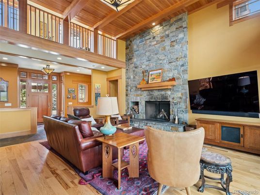 Fireplace, Interior, Living room, Recessed Lighting, Stone Walls, Wooden Beams, Wooden Ceilings, Wood Texture Flooring