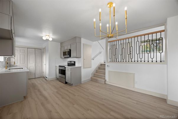 Chandelier, Interior, Kitchen, Pendant Lights, Stainless Steel Appliances, Wood Texture Flooring