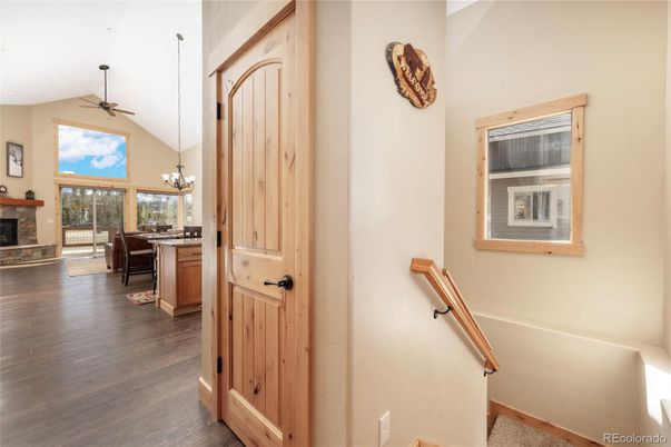Dining room, Fireplace, Interior, Pendant Lights, Wood Texture Flooring