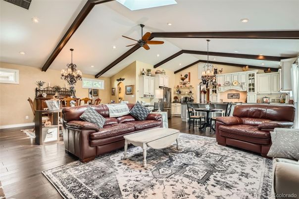 Chandelier, Dining room, Interior, Kitchen, Living room, Recessed Lighting, Wooden Beams, Wood Texture Flooring