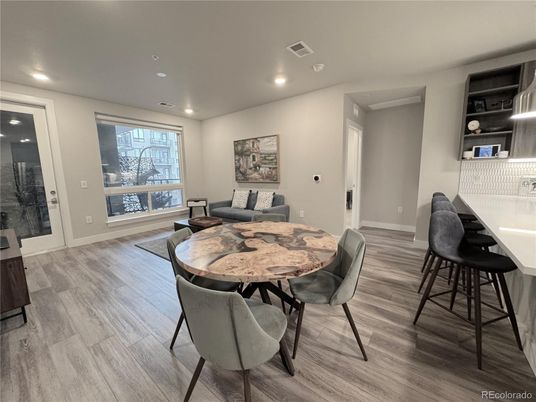 Dining room, Interior, Recessed Lighting, Wood Texture Flooring
