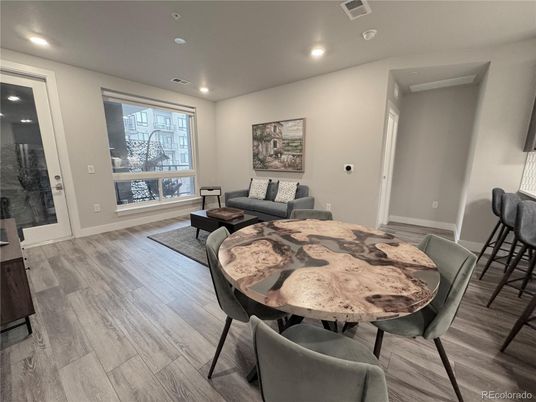 Dining room, Interior, Recessed Lighting, Wood Texture Flooring