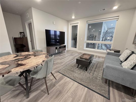 Dining room, Interior, Living room, Recessed Lighting, Wood Texture Flooring