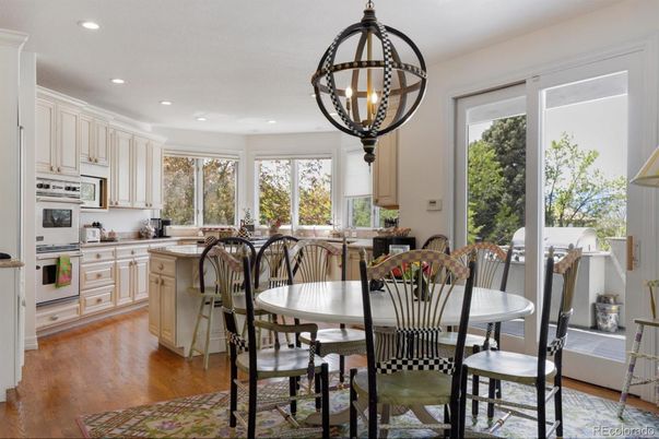 Dining room, Interior, Kitchen, Pendant Lights, Recessed Lighting, Wood Texture Flooring