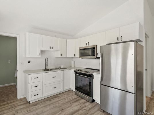 Interior, Kitchen, Stainless Steel Appliances, Wood Texture Flooring