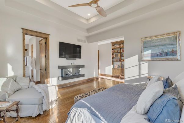 Bedroom, Fireplace, Interior, Recessed Lighting, Wood Texture Flooring