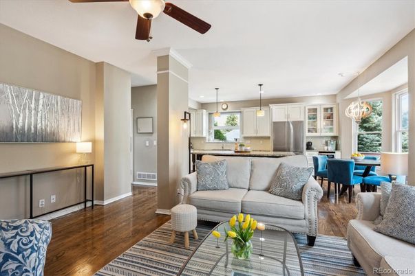 Dining room, Interior, Kitchen, Living room, Pendant Lights, Stainless Steel Appliances, Wood Texture Flooring