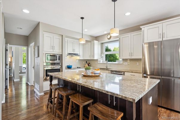 Interior, Kitchen, Pendant Lights, Recessed Lighting, Stainless Steel Appliances, Wood Texture Flooring
