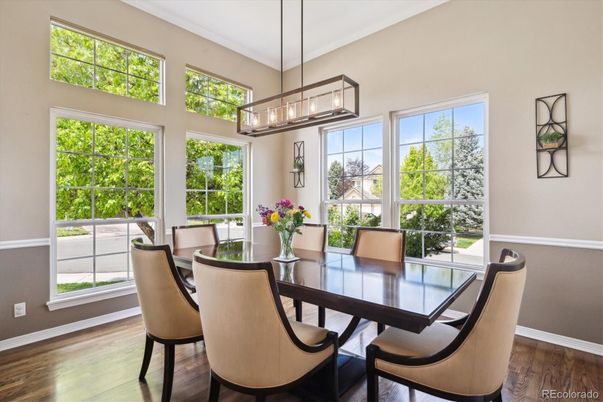 Dining room, Interior, Pendant Lights, Wood Texture Flooring