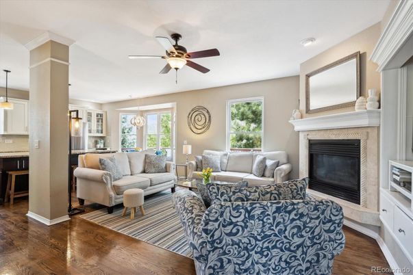 Fireplace, Interior, Kitchen, Living room, Pendant Lights, Wood Texture Flooring