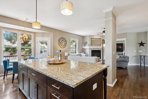 Dining room, Fireplace, Interior, Living room, Pendant Lights, Wood Texture Flooring