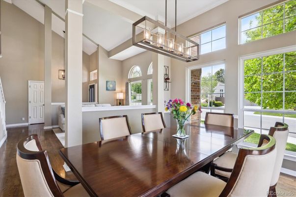 Dining room, Interior, Pendant Lights, Wood Texture Flooring