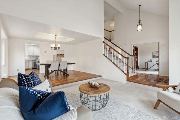 Chandelier, Dining room, Interior, Kitchen, Living room, Pendant Lights, Wood Texture Flooring