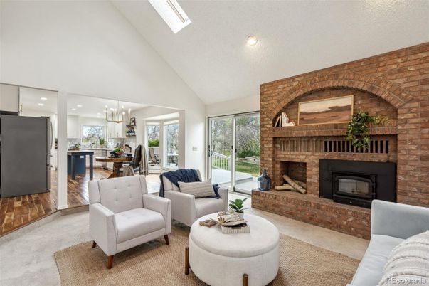 Dining room, Fireplace, Interior, Kitchen, Living room, Pendant Lights, Recessed Lighting, Stone Walls