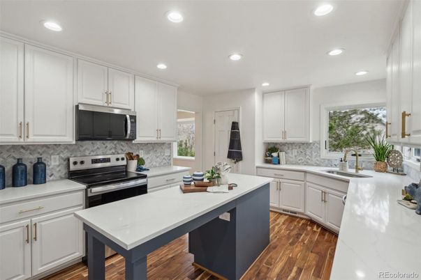 Interior, Kitchen, Recessed Lighting, Stainless Steel Appliances, Wood Texture Flooring