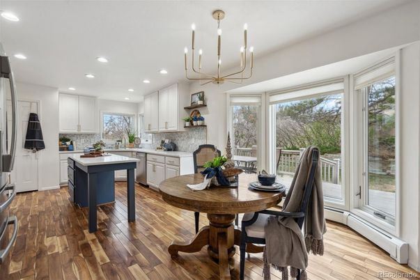 Chandelier, Dining room, Interior, Kitchen, Pendant Lights, Recessed Lighting, Wood Texture Flooring