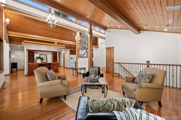Chandelier, Interior, Living room, Recessed Lighting, Wooden Beams, Wooden Ceilings, Wood Texture Flooring