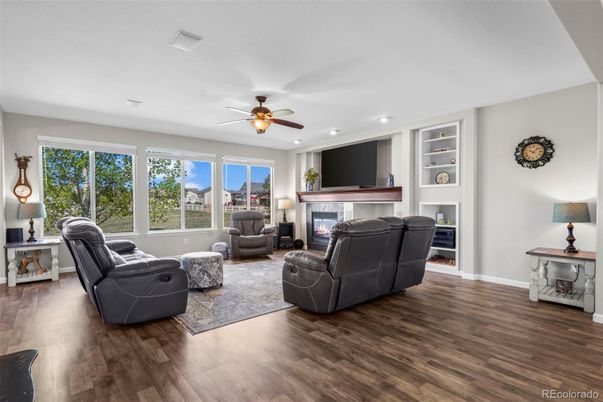 Fireplace, Interior, Living room, Recessed Lighting, Wood Texture Flooring