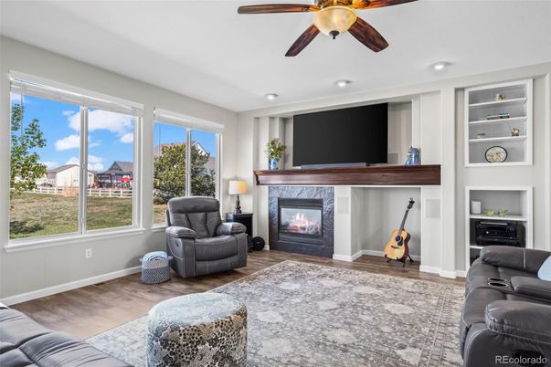 Fireplace, Interior, Living room, Recessed Lighting, Wood Texture Flooring