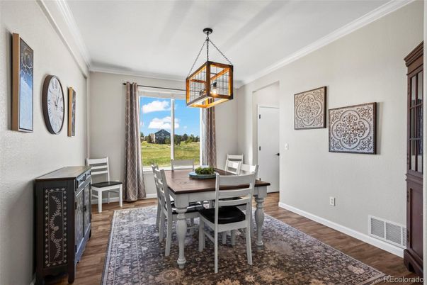 Dining room, Interior, Pendant Lights, Wood Texture Flooring