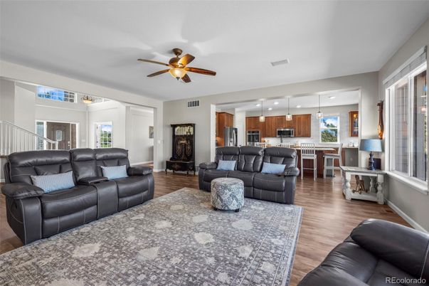 Dining room, Interior, Kitchen, Living room, Pendant Lights, Stainless Steel Appliances, Wood Texture Flooring
