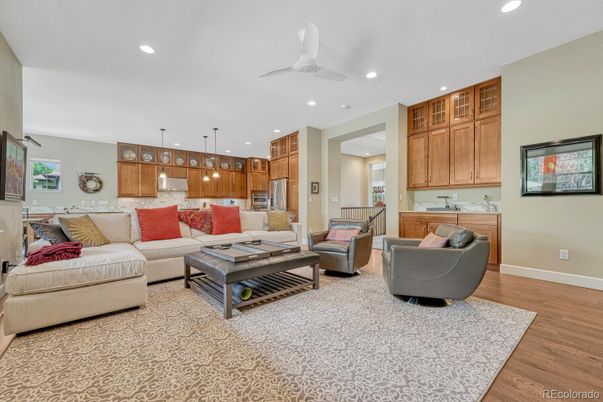 Interior, Kitchen, Living room, Pendant Lights, Recessed Lighting, Wood Texture Flooring
