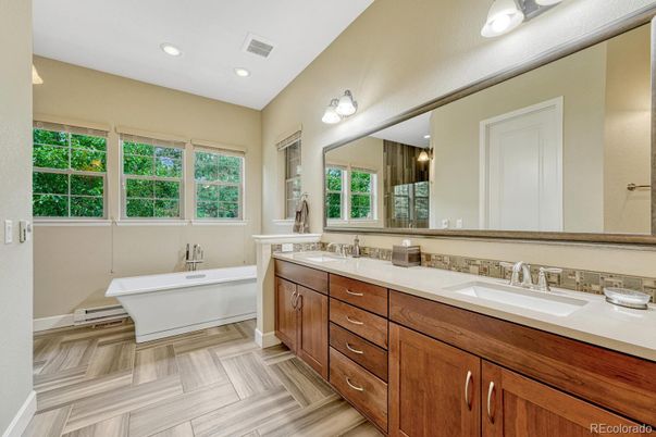 Bathroom, Dual Sink Vanities, Interior, Recessed Lighting, Wood Texture Flooring