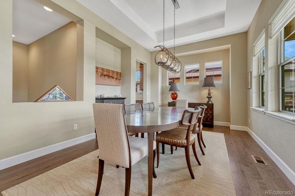 Chandelier, Dining room, Interior, Recessed Lighting, Wood Texture Flooring