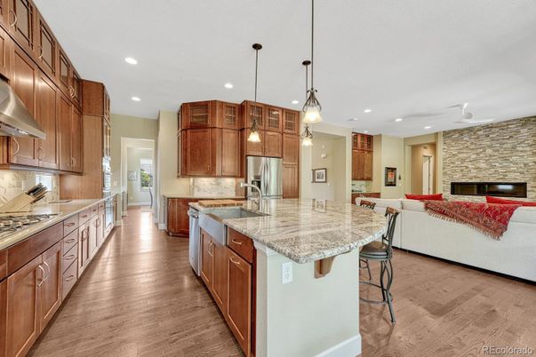 Interior, Kitchen, Living room, Pendant Lights, Recessed Lighting, Stainless Steel Appliances, Stone Walls, Wood Texture Flooring