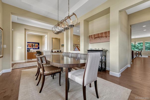 Chandelier, Dining room, Interior, Pendant Lights, Recessed Lighting, Wood Texture Flooring