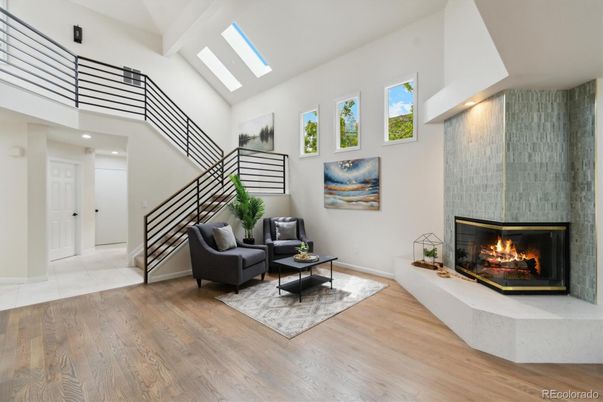 Fireplace, Interior, Living room, Recessed Lighting, Wood Texture Flooring