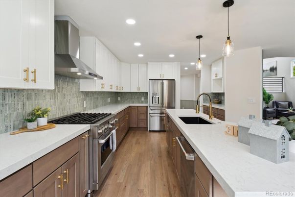 Interior, Kitchen, Pendant Lights, Recessed Lighting, Stainless Steel Appliances, Wood Texture Flooring