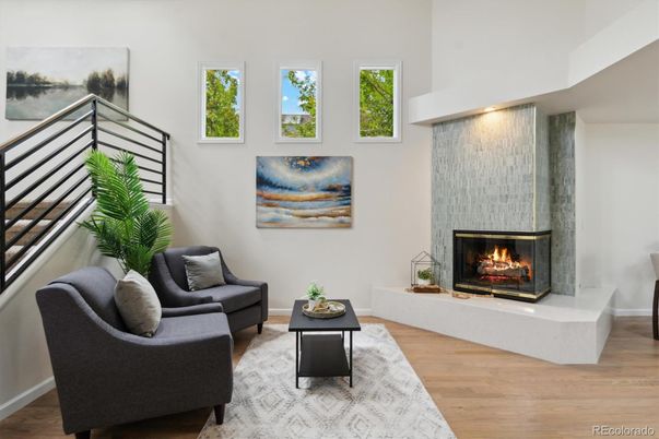 Fireplace, Interior, Living room, Recessed Lighting, Wood Texture Flooring