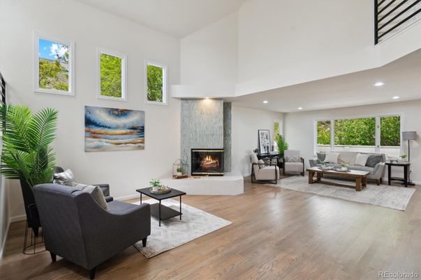 Fireplace, Interior, Living room, Recessed Lighting, Wood Texture Flooring