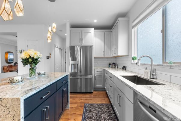 Interior, Kitchen, Pendant Lights, Recessed Lighting, Stainless Steel Appliances, Wood Texture Flooring