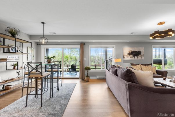 Dining room, Interior, Living room, Pendant Lights, Wood Texture Flooring