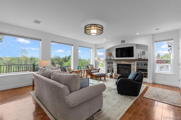 Fireplace, Interior, Living room, Recessed Lighting, Wood Texture Flooring