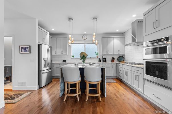 Interior, Kitchen, Pendant Lights, Recessed Lighting, Stainless Steel Appliances, Wood Texture Flooring