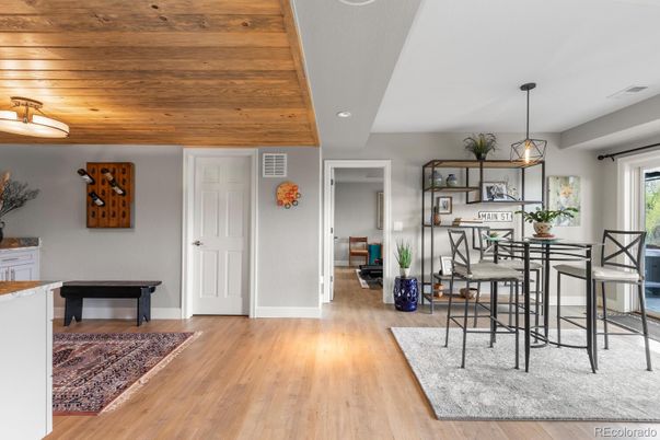 Dining room, Interior, Pendant Lights, Recessed Lighting, Wooden Ceilings, Wood Texture Flooring