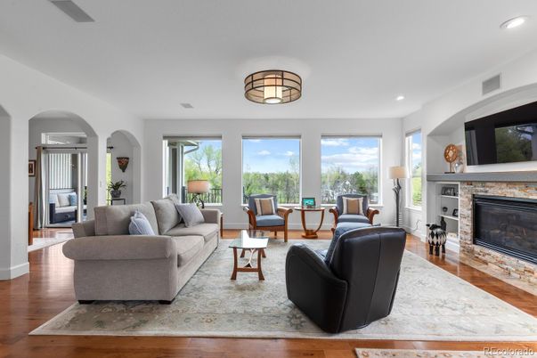 Fireplace, Interior, Living room, Recessed Lighting, Wood Texture Flooring