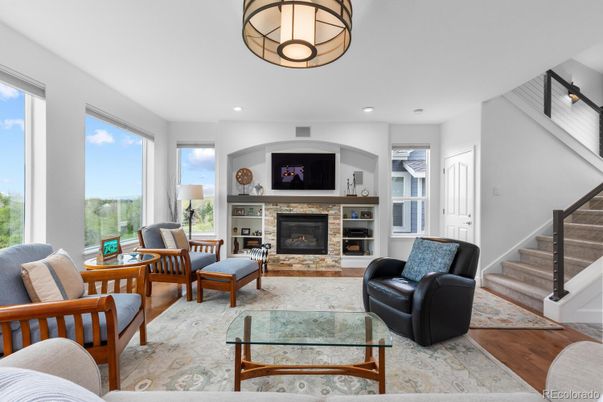 Fireplace, Interior, Living room, Recessed Lighting, Wood Texture Flooring