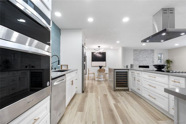 Interior, Kitchen, Recessed Lighting, Stainless Steel Appliances, Wood Texture Flooring